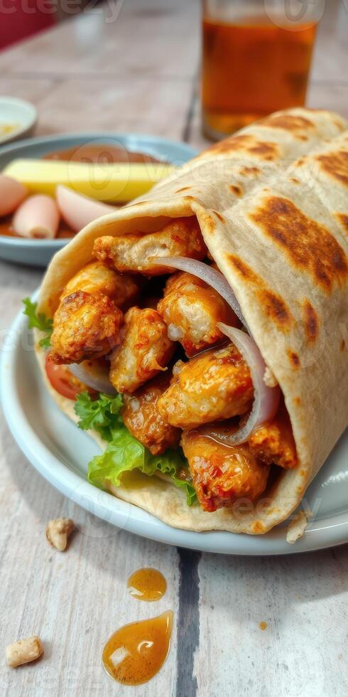 Savory chicken wrap with fresh vegetables served on a plate with sides in a cozy eatery photo