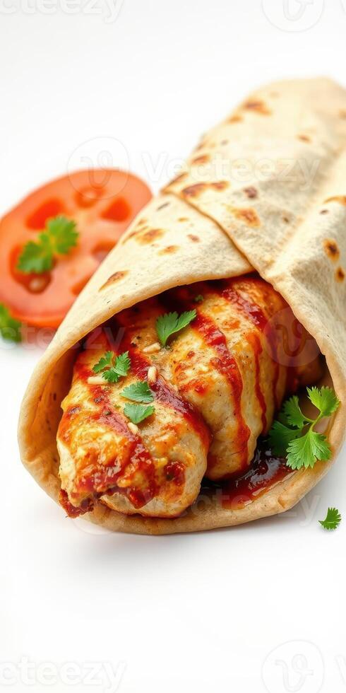 Delicious wrap featuring grilled chicken, spicy sauce, and fresh herbs served with a slice of tomato photo