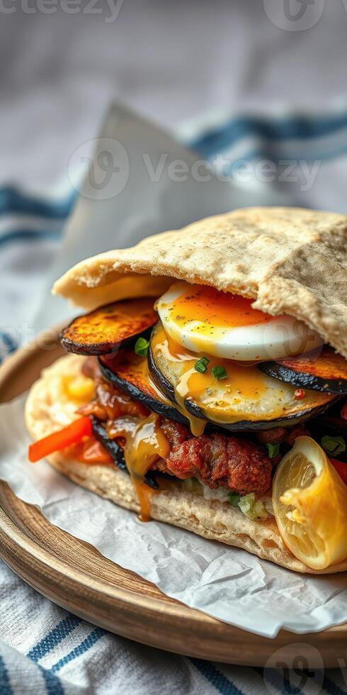 Delicious layered flatbread sandwich with grilled vegetables and egg served on a wooden plate photo