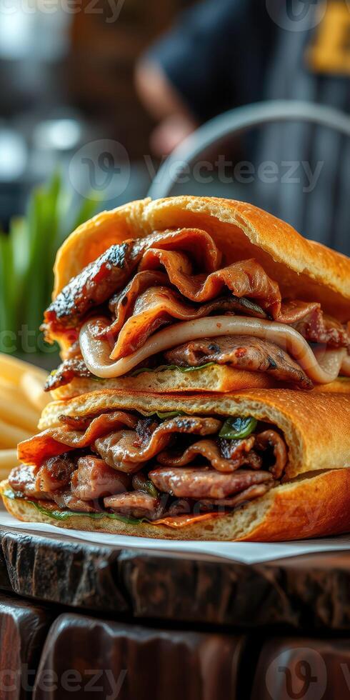 Delicious stacked sandwich with savory meats served alongside crispy fries in a vibrant setting photo