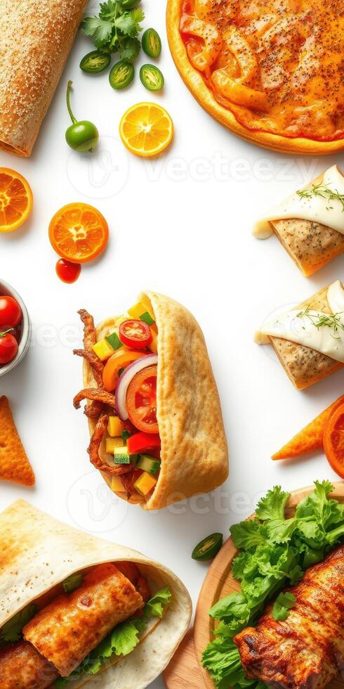Colorful assortment of delicious wraps and snacks on a white background featuring fresh ingredients and vibrant flavors photo