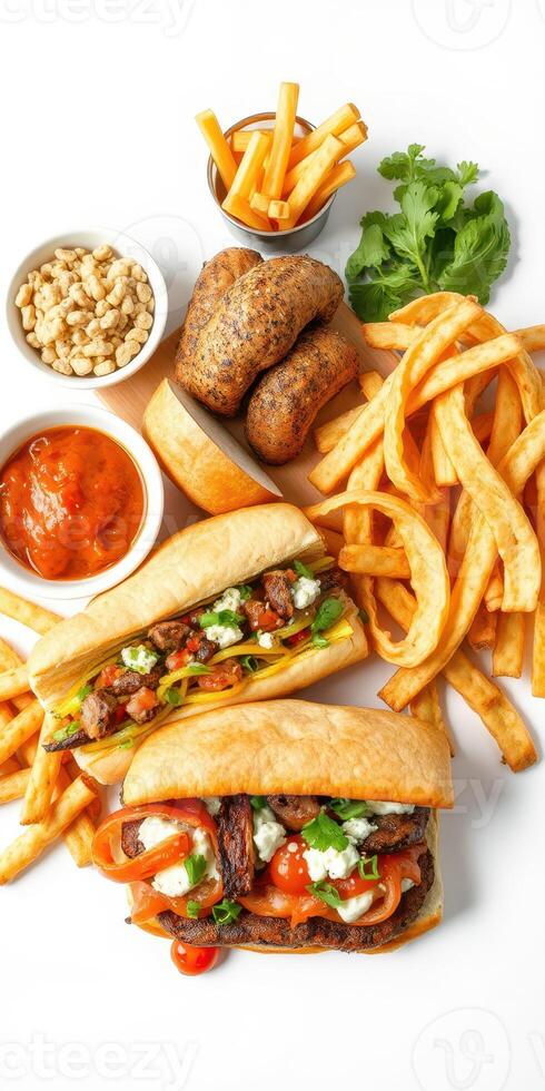 Delicious spread of gourmet sandwiches with fries, sauces, and snacks arranged on a bright backdrop photo