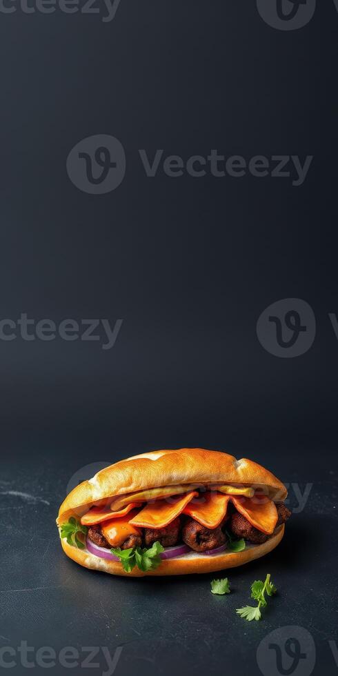 Delicious sandwich with layers of meat and chips served on a dark background photo