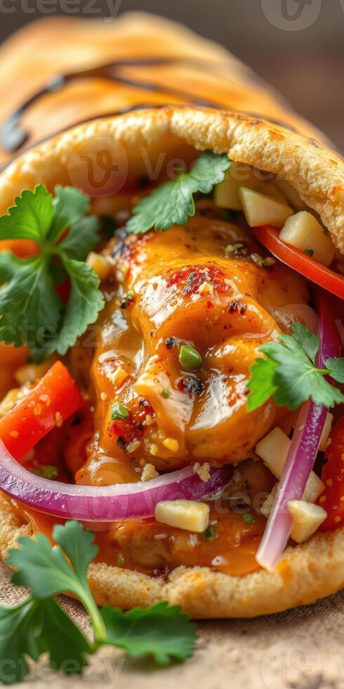 Delicious wrap filled with savory ingredients and vibrant vegetables served on a rustic surface photo
