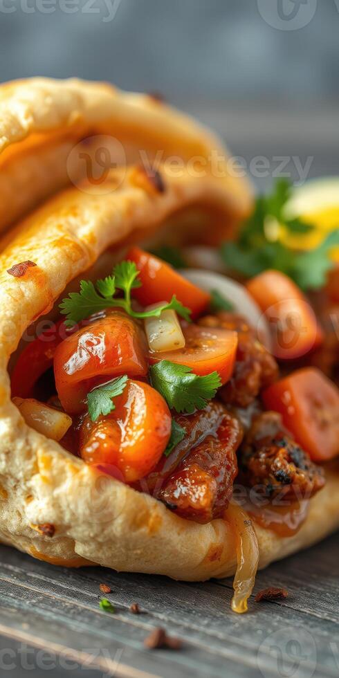 Delicious wrap filled with chicken, fresh vegetables, and herbs served on wooden table photo
