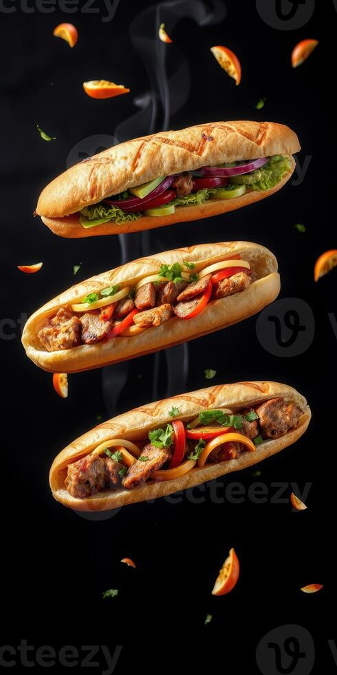 Delicious gourmet sandwiches filled with vibrant ingredients against a dark background photo