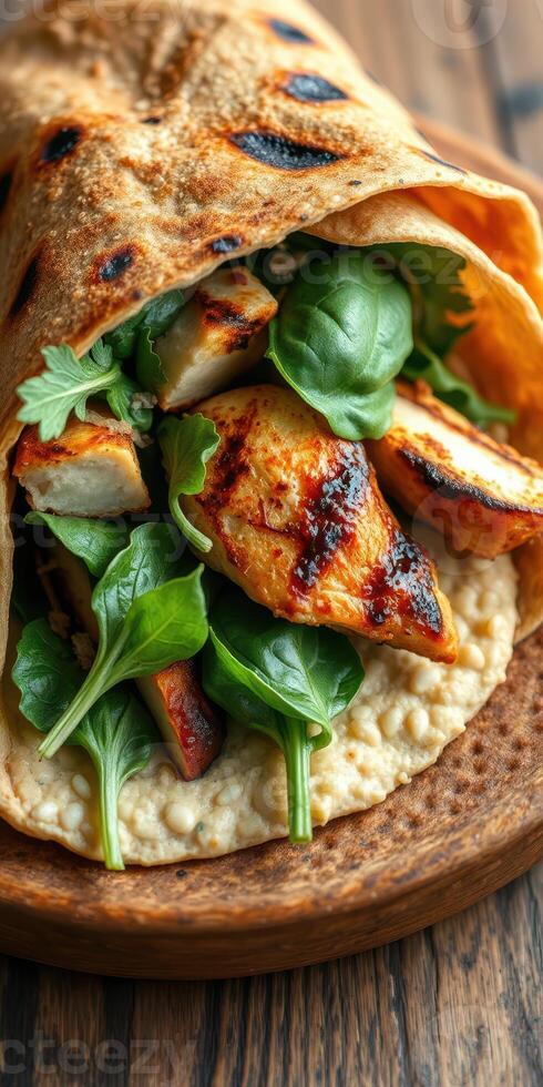 Grilled chicken wrap filled with fresh greens and creamy hummus on a wooden plate photo