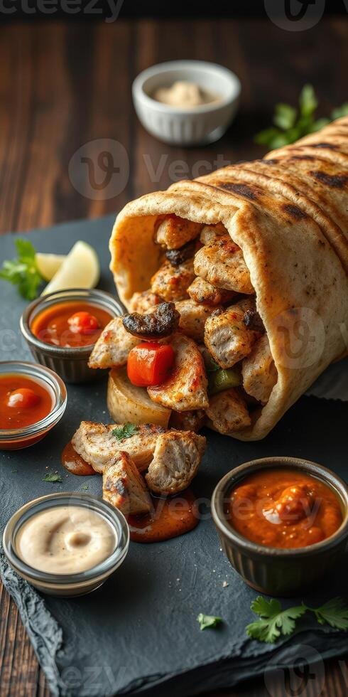 Delicious wrap filled with grilled chicken, fresh vegetables, and assorted sauces on a wooden table photo