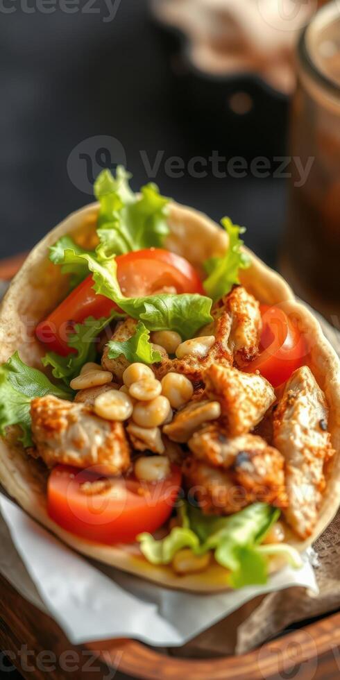 Delicious chicken wrap loaded with fresh vegetables and dressed in savory spices served in a cozy setting photo