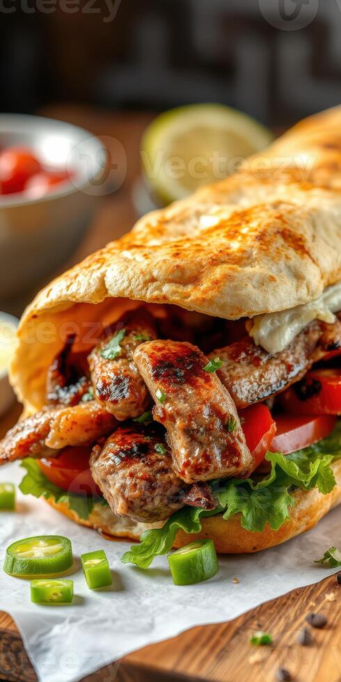 Delicious chicken sandwich with fresh vegetables served in a warm pita at a casual dining spot photo