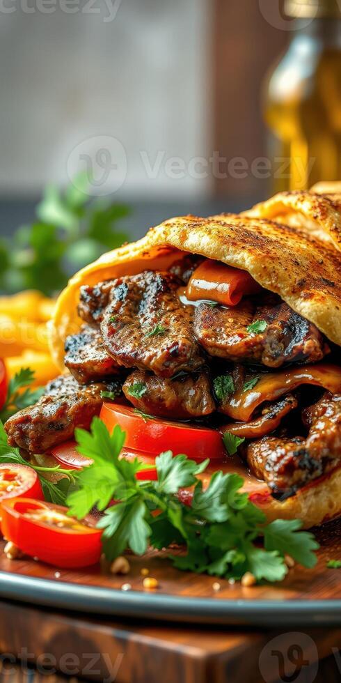 Grilled meat wrap with fresh vegetables served on a wooden table with garnishes and fries in a cozy setting photo