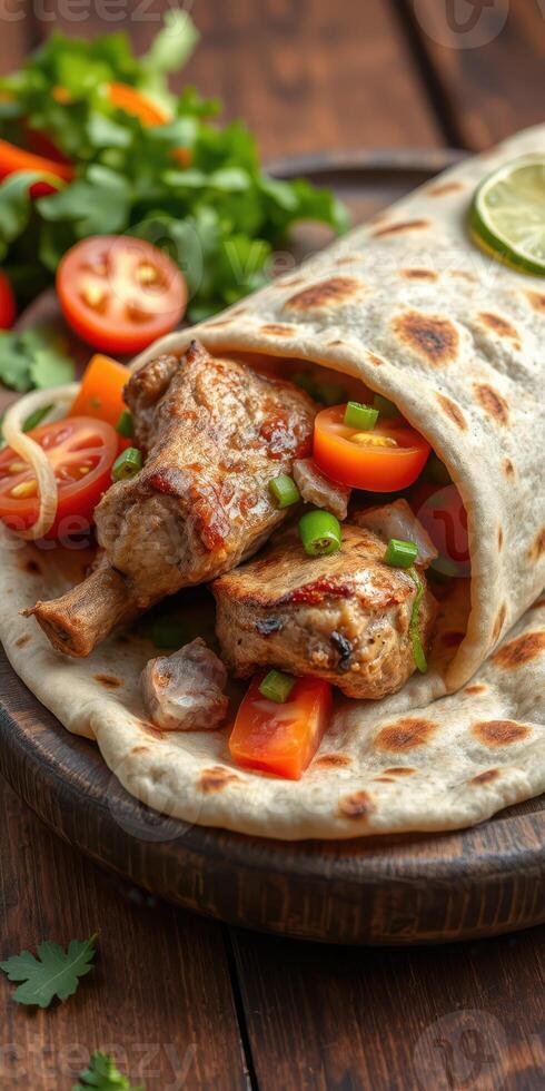 Delicious grilled meat wrap with fresh vegetables on a wooden plate, highlighting culinary creativity in a rustic setting photo