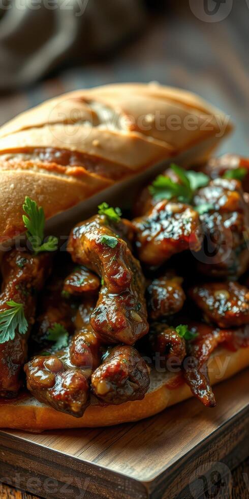 Delicious sandwich filled with tender meat and savory sauce garnished with fresh herbs for lunchtime enjoyment photo