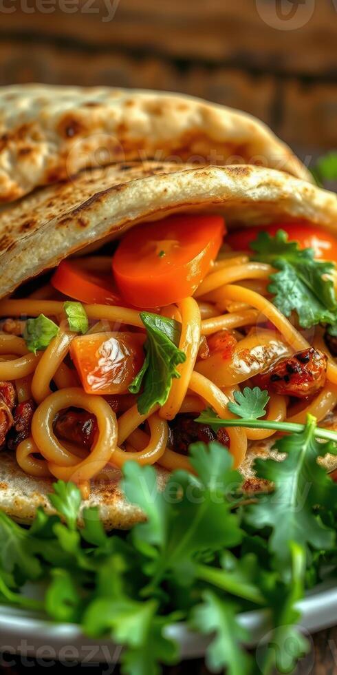 Savory noodles wrapped in flatbread with fresh vegetables and herbs on a rustic wooden table photo
