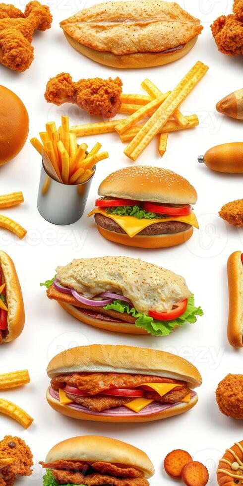 Delicious assortment of fast food items including burgers, fries, and chicken pieces on a white background photo
