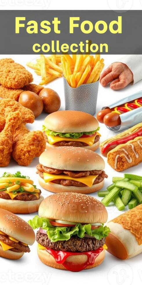 Fast food collection showcasing various dishes such as burgers, fries, and chicken at a casual dining setting photo