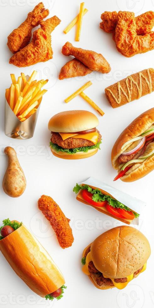 Delicious assortment of fried food and burgers arranged on a bright surface for a tempting display photo
