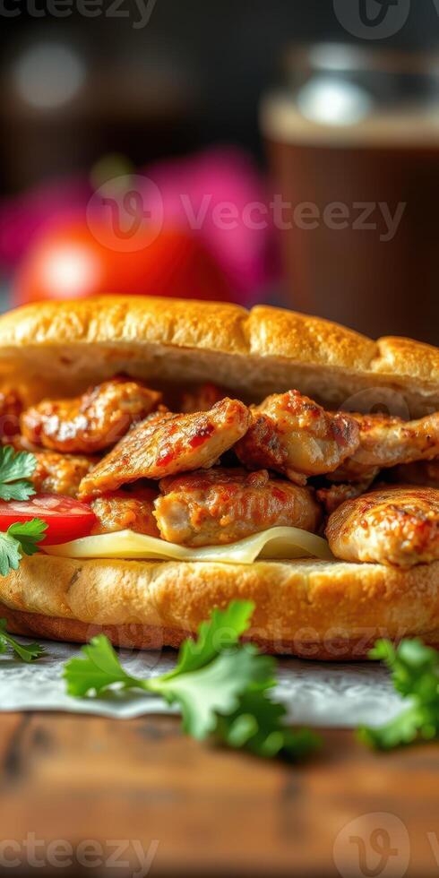 Delicious grilled chicken sandwich packed with flavor and fresh ingredients on rustic wooden table photo