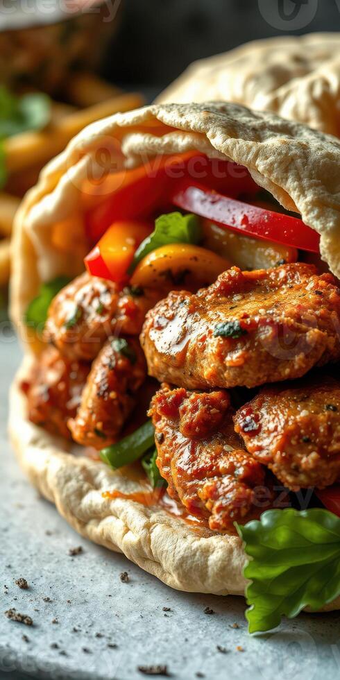 Savory grilled meat wrapped in warm flatbread with fresh vegetables and herbs for a delicious meal photo