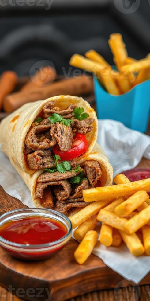 Delicious beef wrap served with crispy fries and sauce on a wooden table photo