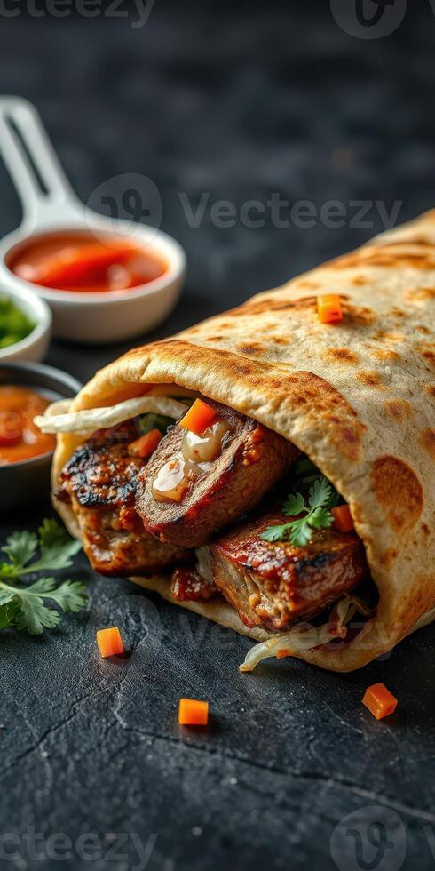 Delicious wrap filled with grilled meat and fresh vegetables served with sauces on a dark stone background photo