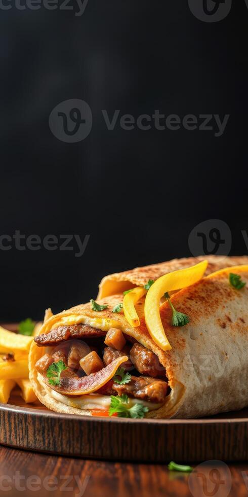 Delicious wrap filled with grilled meat, vegetables, and fresh herbs served with crispy fries on a wooden table photo