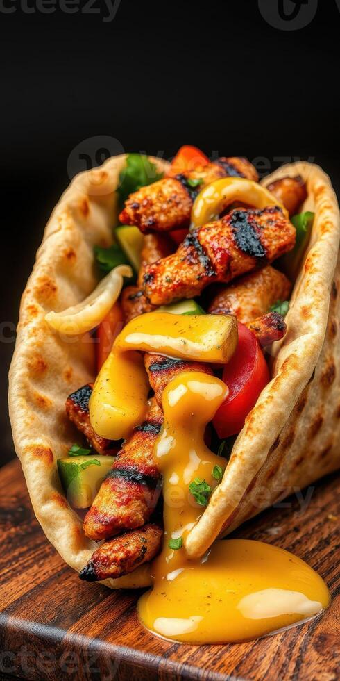 Grilled chicken wrap with fresh vegetables and sauce served on a wooden surface photo