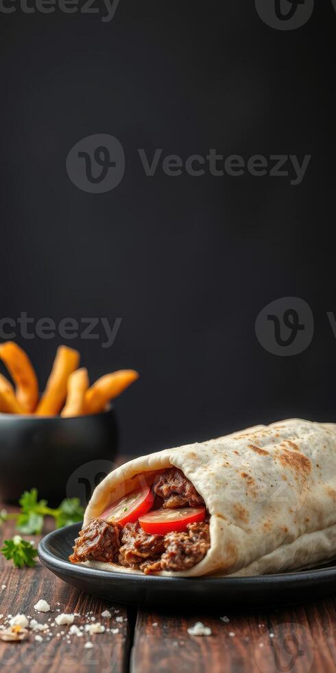 Delicious wrap filled with savory meat and fresh vegetables served with crispy fries in a cozy setting photo