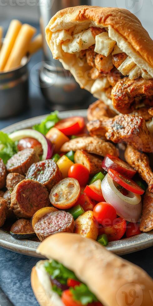 Delicious platter of grilled meats and fresh vegetables at a bustling restaurant during lunchtime photo