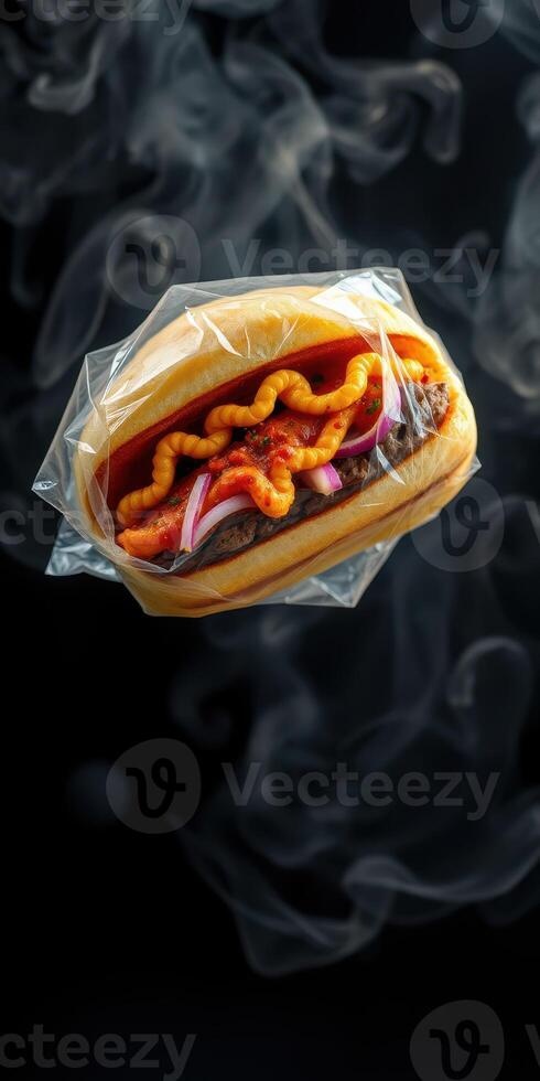 Delicious hot dog with crunchy toppings resting in clear wrap against a smoky backdrop photo