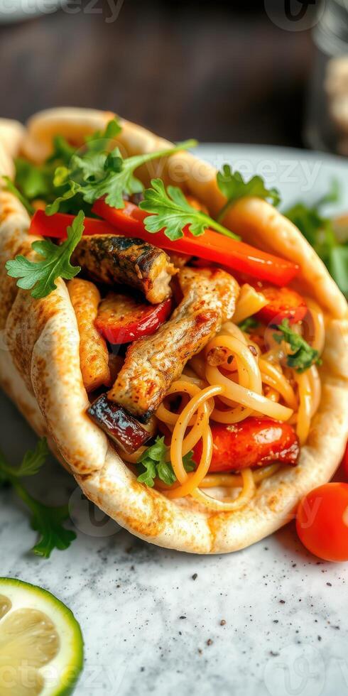 Delicious wrap filled with grilled chicken, colorful vegetables, and noodles served on a plate photo