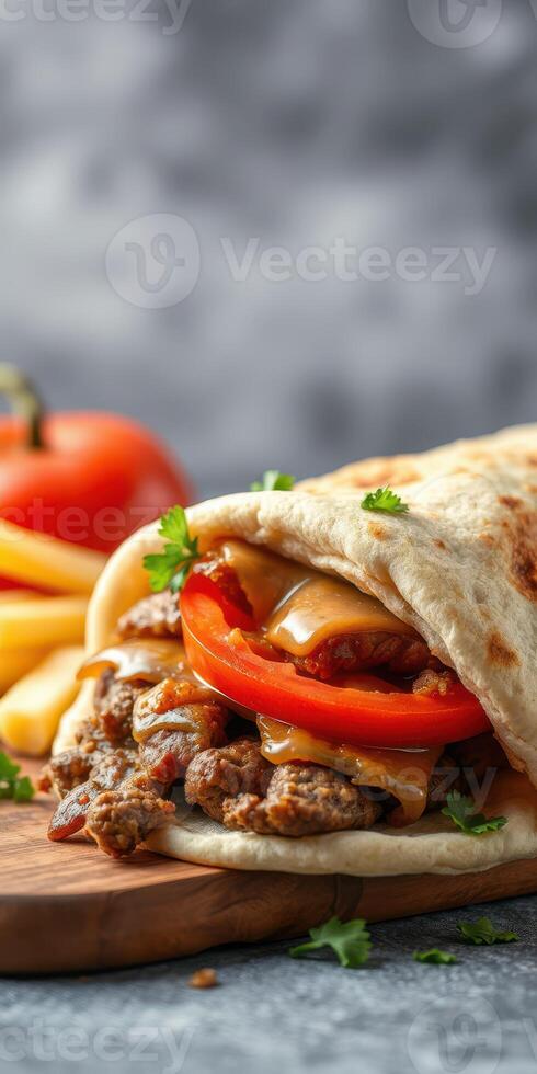 Grilled meat wrap with fresh vegetables and sauce served on a wooden board photo