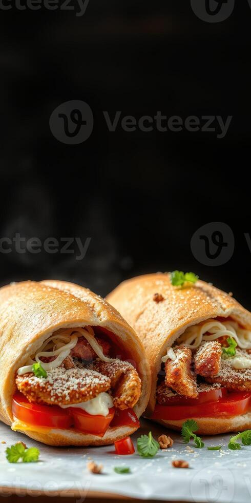 Delicious wraps filled with crispy chicken, fresh vegetables, and flavorful sauce on a dark background photo