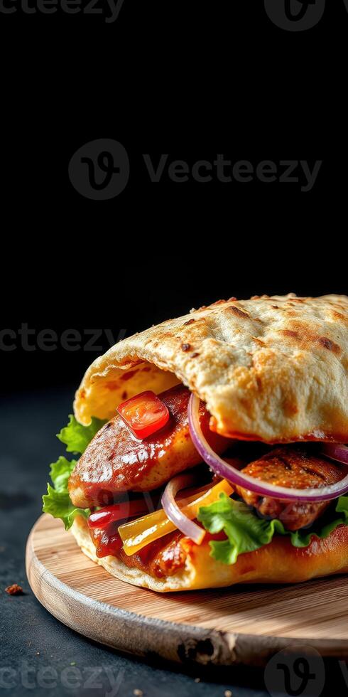 Delicious grilled chicken sandwich with fresh vegetables served on a wooden board against a dark background photo