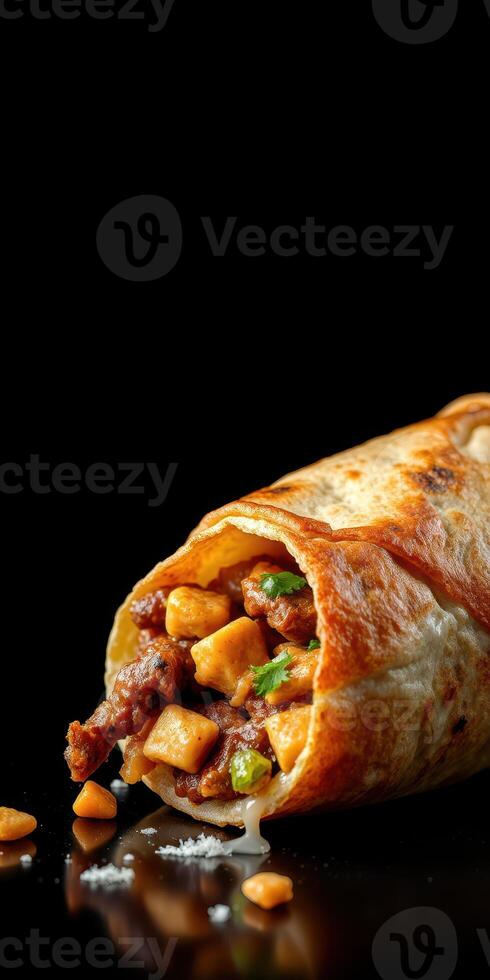 Savory wrap filled with seasoned meat and vegetables on a dark background photo