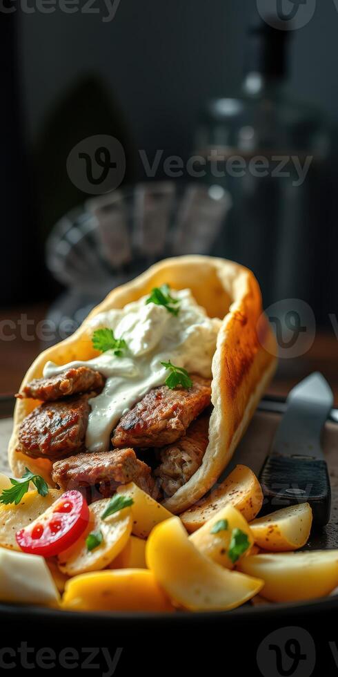Delicious wrap with grilled meat, fresh vegetables, and creamy sauce served on a wooden table photo