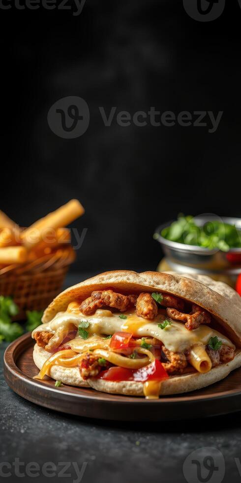 Delicious pita bread filled with grilled chicken, vegetables, and cheese served in a cozy setting photo