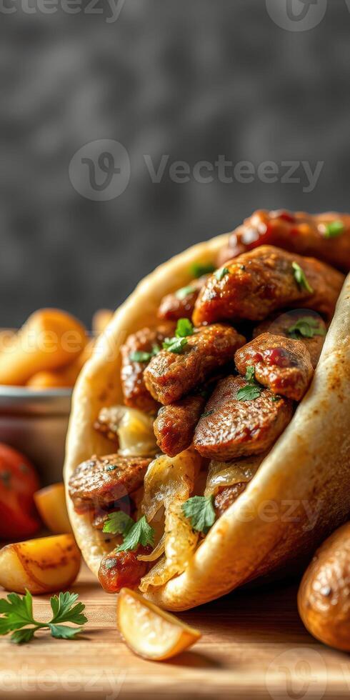 Delicious gyro filled with tender meat and fresh toppings served with fries and vegetables on a wooden table photo
