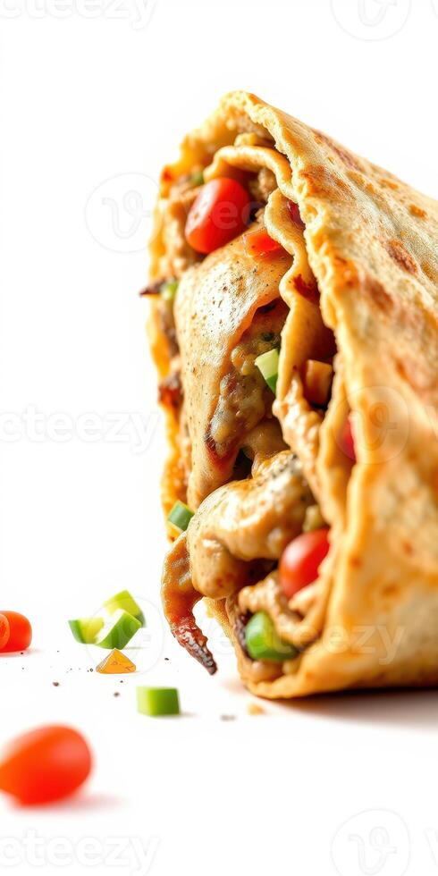 Delicious chicken wrap filled with fresh vegetables and sauce on a white background photo