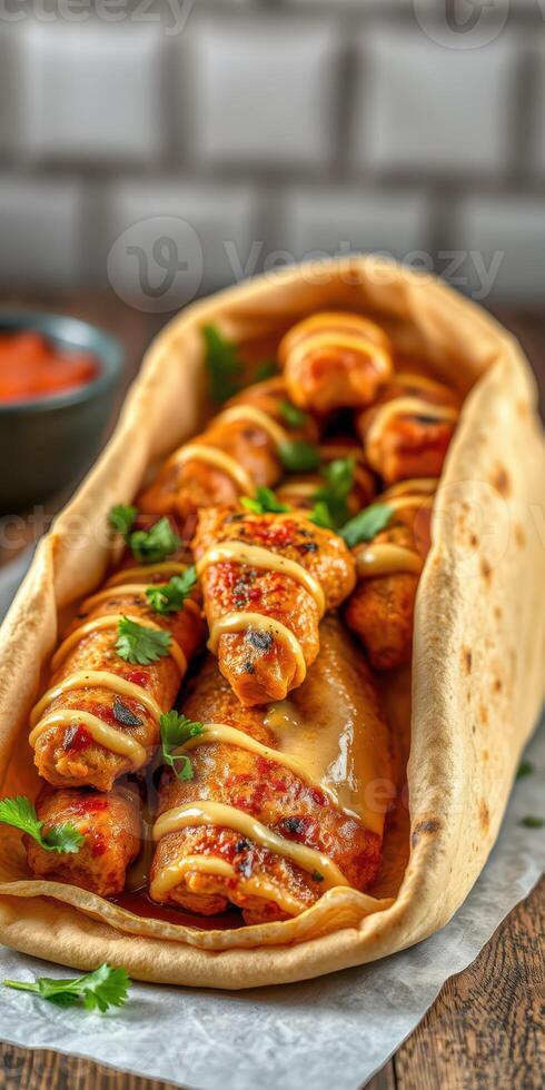 Delicious chicken wraps served in a warm tortilla with fresh herbs and savory sauce photo