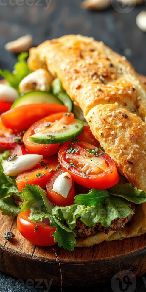 Freshly made sandwich with vibrant vegetables and crispy bread on a wooden cutting board photo