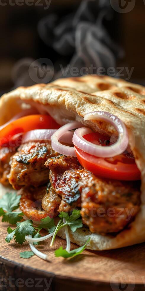 Grilled meat wrap with fresh vegetables served on a wooden board with steam rising in a cozy setting photo