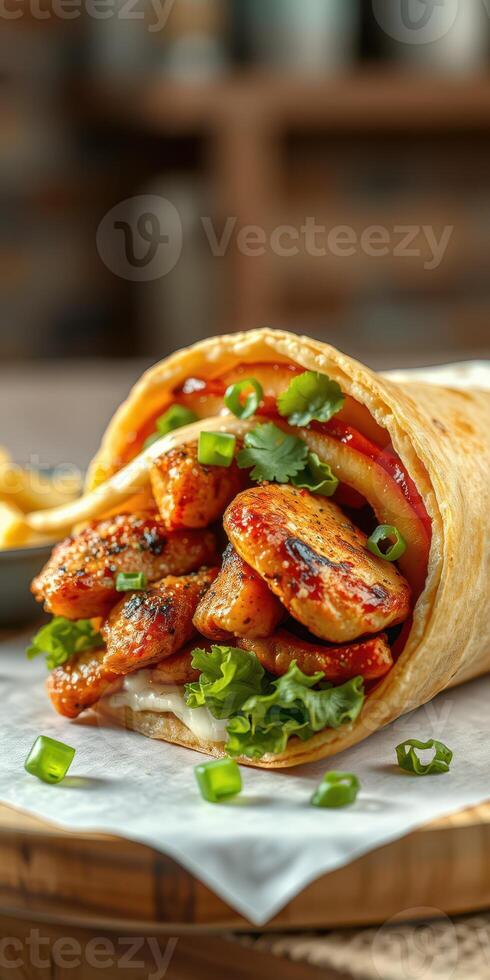 Freshly prepared tortilla wrap filled with grilled chicken, vegetables, and flavorful sauces ready to enjoy photo