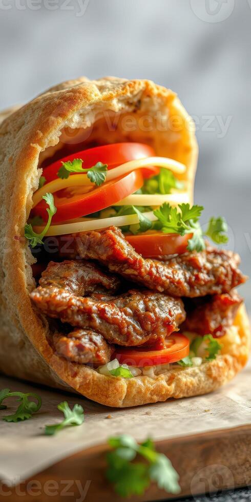 Savory wrap filled with grilled meat, fresh vegetables, and herbs on wooden board in soft lighting photo
