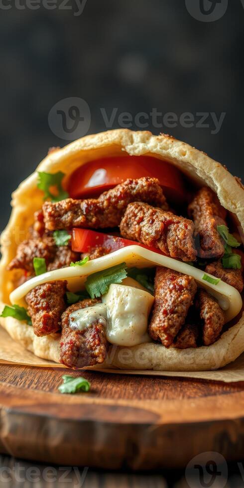 Delicious shawarma wrap loaded with seasoned meat, fresh vegetables, and creamy sauce ready to be enjoyed at a food stall photo