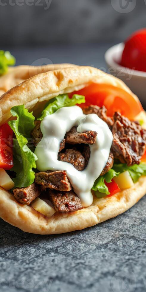 Delicious stuffed pita with fresh vegetables and savory meat served on a gray stone surface photo