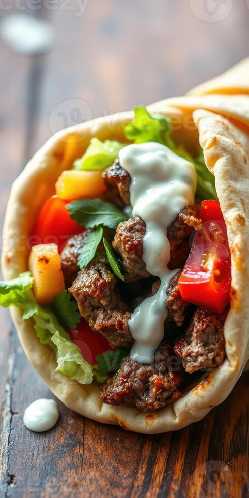Freshly made wrap filled with grilled meat, vegetables, and yogurt sauce on a rustic wooden table in bright sunlight photo