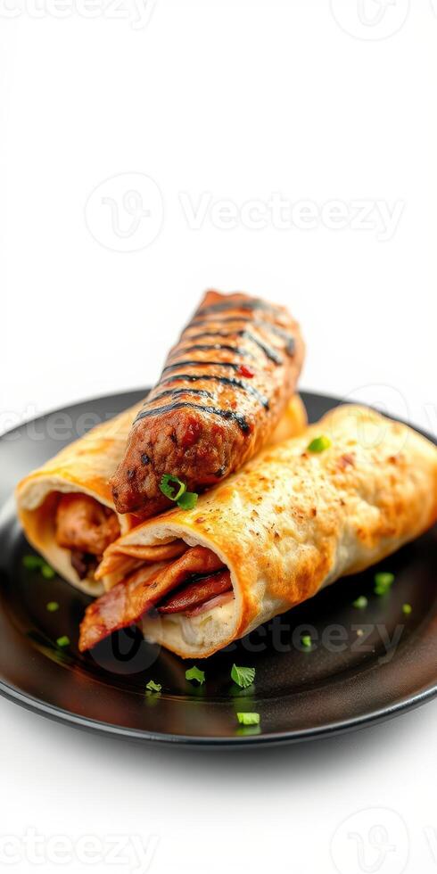Grilled sausage on top of freshly made wraps served on a black plate with garnishes photo