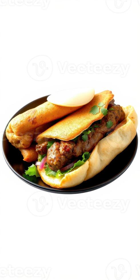 Delicious street food platter featuring savory grilled sausages and fresh toppings served on a black plate photo