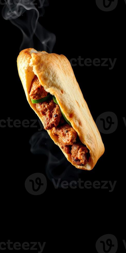 Delicious pita filled with spiced meat and vegetables appears to float in black background with steam rising photo